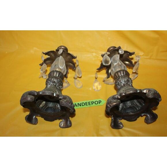 Vintage Pair Of Cast Metal Teardrop Crystals And Prizm Candle Stick Holders - Picture 8 of 12
